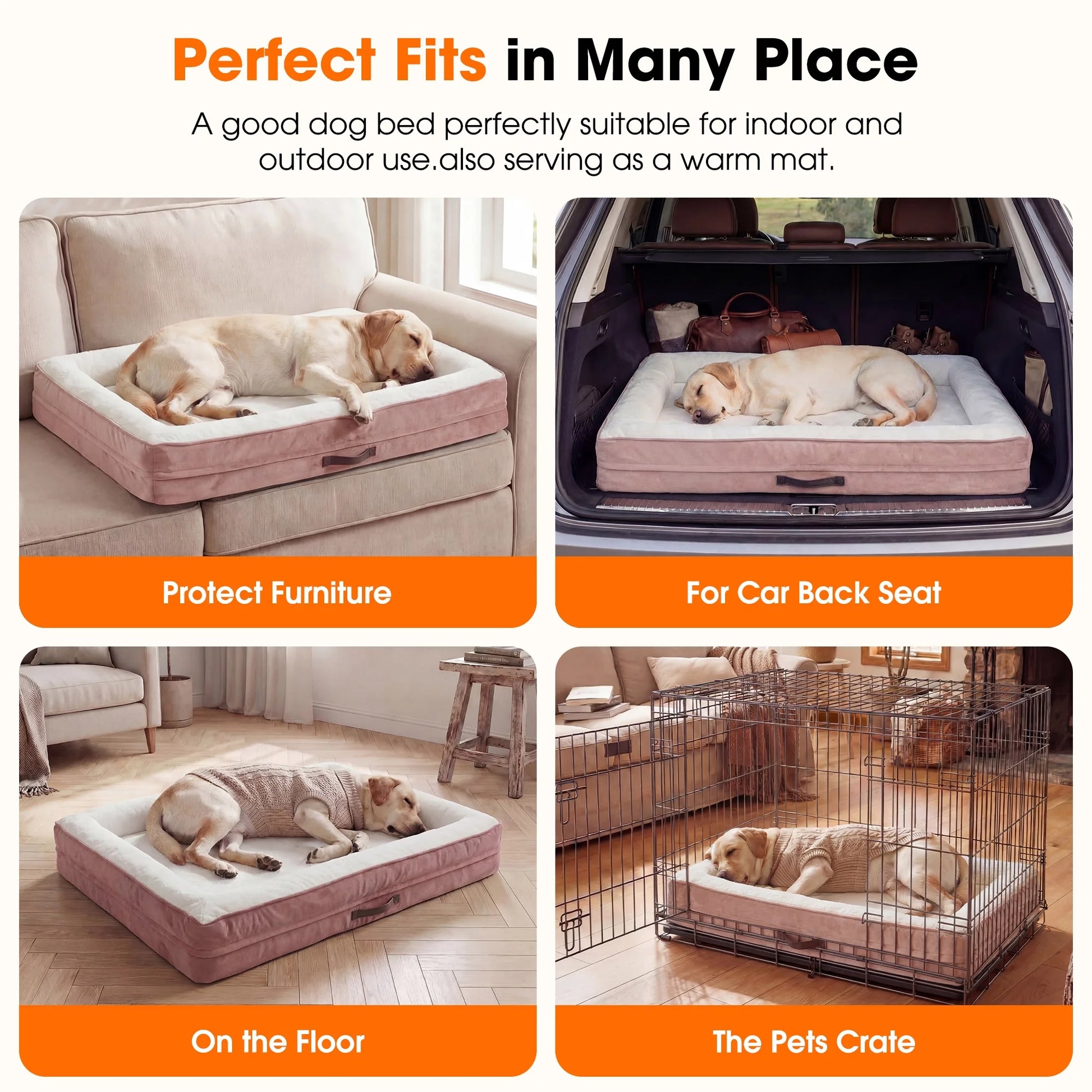 Extra Large Orthopedic Dog Bed Waterproof Pet Sofa Bed Four-Sided Bolster Cushion with Removable Washable Cover for Big Dogs Pink