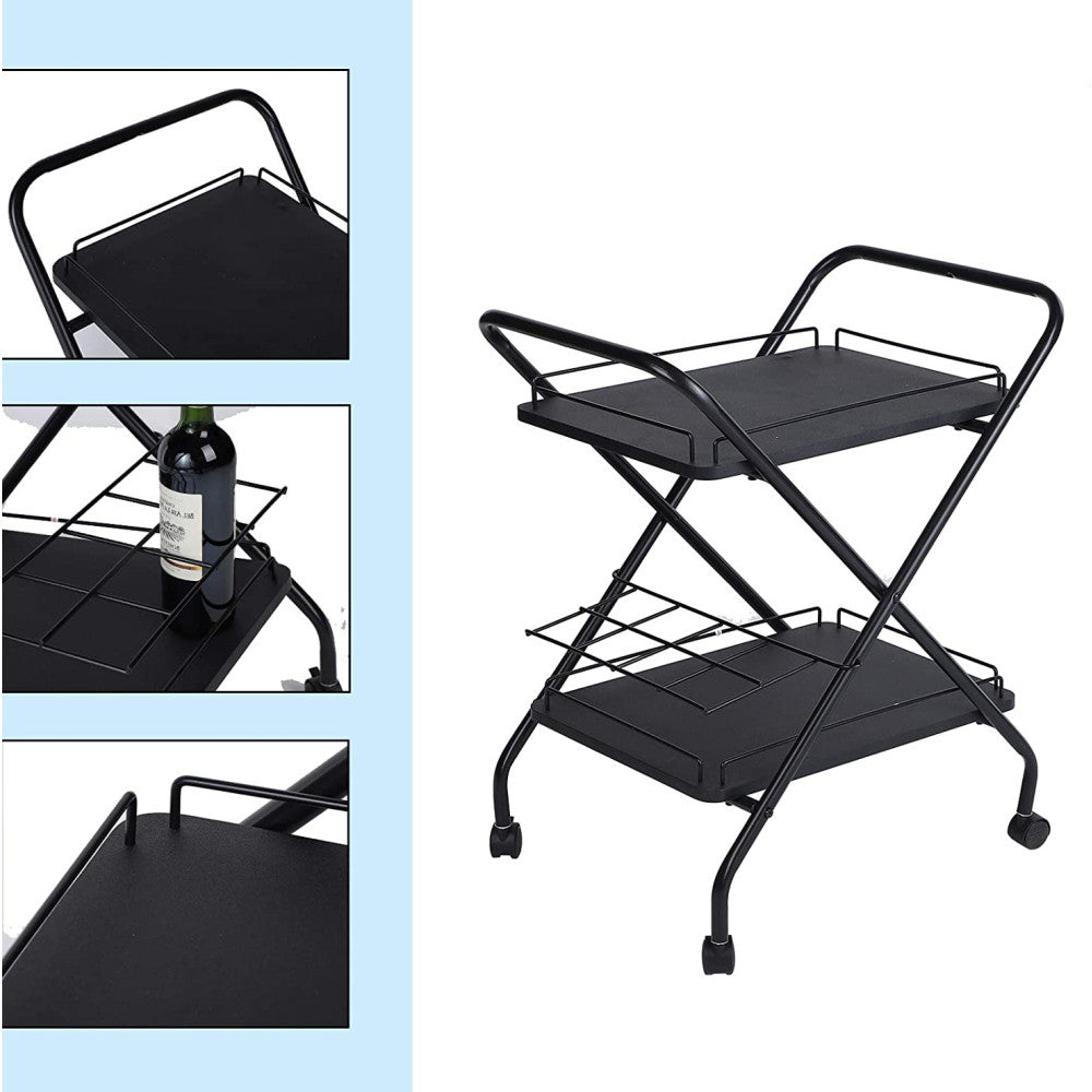 2-Tier Rolling  Cart With Wine Rack, Lockable Wheel Multi-Functional Storage Rack For Bar Office And Kitchen