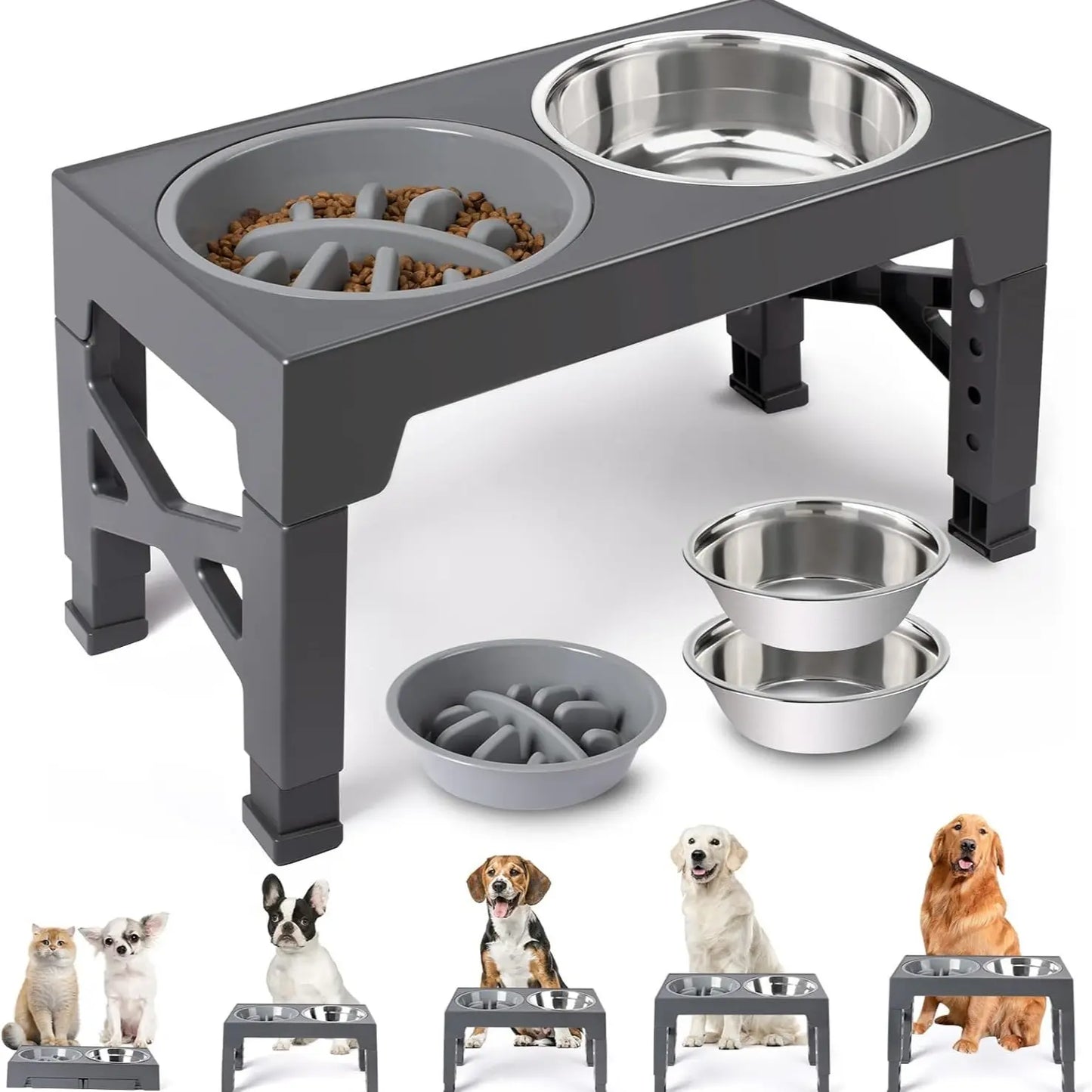 Niubya Elevated Dog Bowls, 5 Adjustable Heights Raised Dog Bowl Stand, with 2 Stainless Steel Dog Food Bowls and 1 Slow Feeder Dog Bowl, Adjusts to Height 3.2" to 12.2" for Small Medium Large Dogs NIUHEE