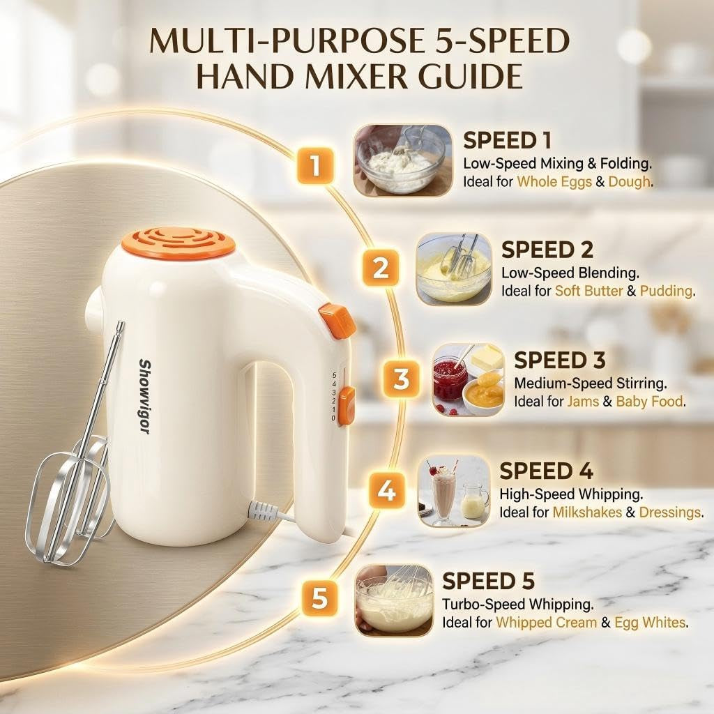 Hand Mixer, 5-Speed Electric Whisk with Turbo Boost Includes 5 Stainless Steel Attachments - Great Stand Mixer Alternative for Baking Cakes, Bread & More
