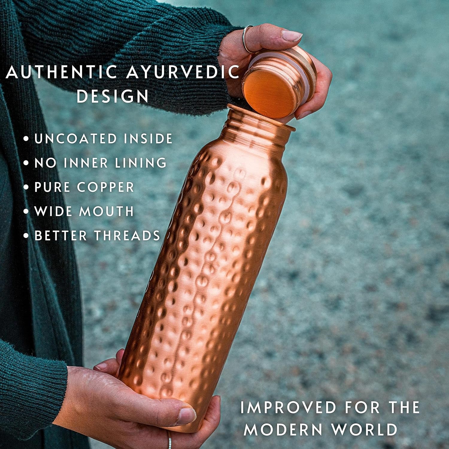 Kosdeg Copper Water Bottle - 34 Oz and Cup 12 Oz - a Hammered Ayurvedic Pure Copper Vessels for Drinking - Drink More Water, Lower Your Sugar Intake and Enjoy the Health Benefits Immediately