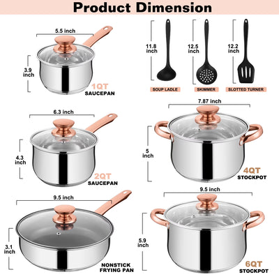 Walchoice 13-Piece Stainless Steel Pots and Pans Set, Kitchen Cookware Set with Glass Lid for Cooking, Induction & Dishwasher Safe, Copper