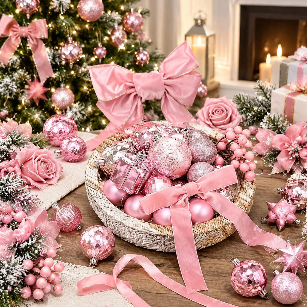 111 Pcs Pink Christmas Ornaments, Bow Topper Ball Poinsettia Rose