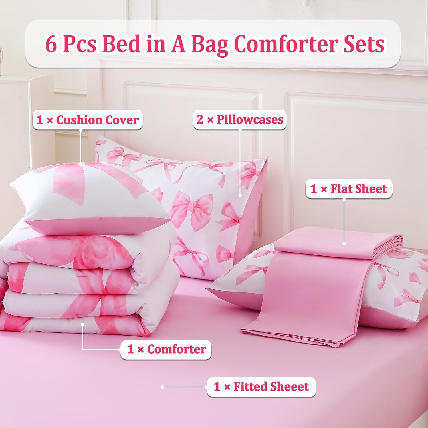 Twin Comforter Sets Pink Bed in a Bag for Girls, 6 Pieces Bow Twin Size Bedding Sets with Sheets for Kids