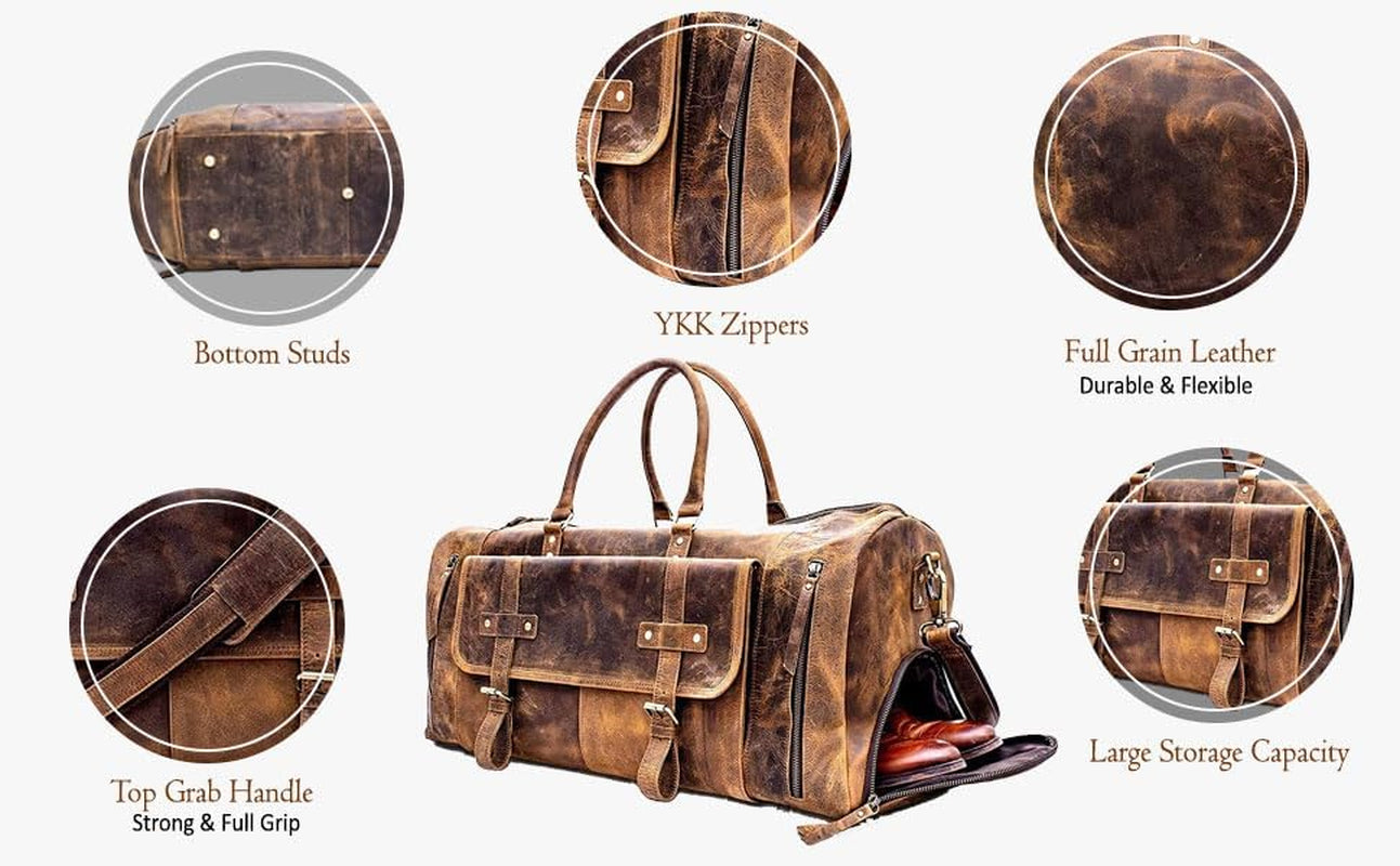 Leather Travel Duffle Bags for Men and Women Cabin Friendly Weekend Bag Sports Gym Airplane Carry on Overnight Duffel