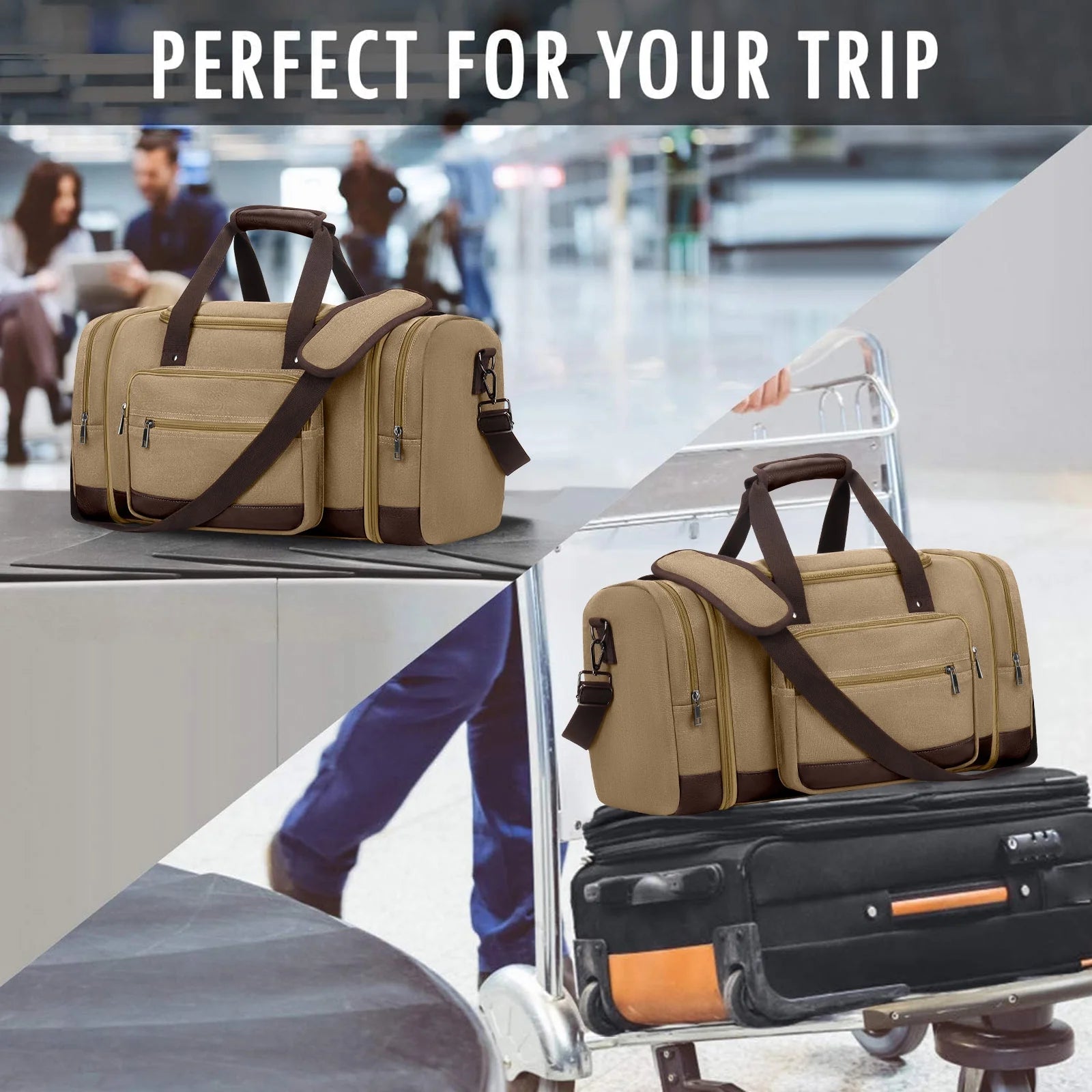 Gynky Duffle Bag for Travel Bag 46L Large Expendable Duffle Bags for Men Weekender Bag with Trolly Sleeve for Business Trip Travel Camp Gym, Khaki