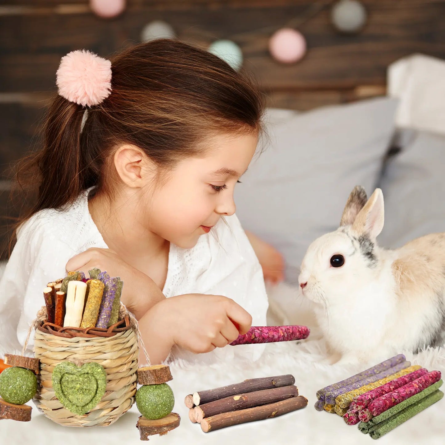 Rabbit Chew Toys Hanging Basket with Sweet Bamboo Timothy Hay Peach Sticks for Bunny Chinchillas Guinea Pigs Hamsters Rats Teeth Grinding Pets