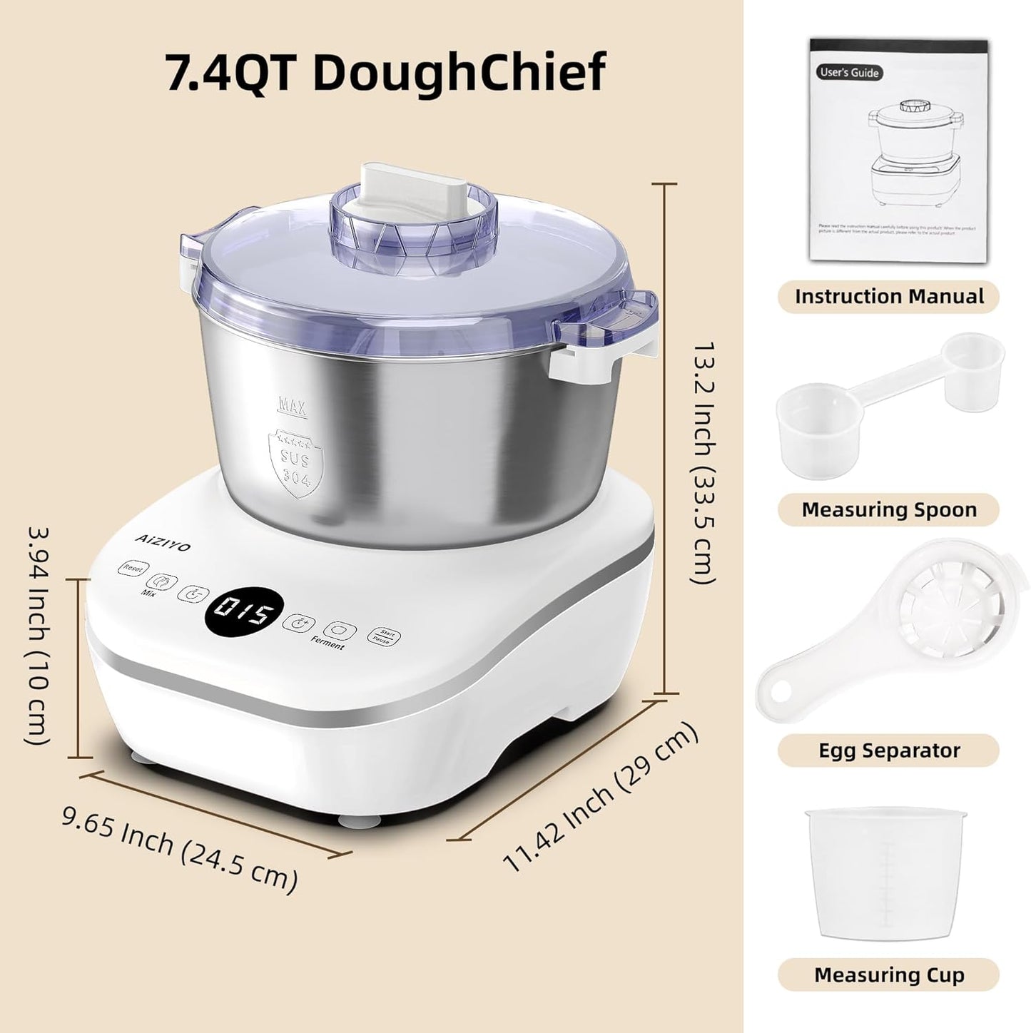 AIZIYO Doughchief, 7.4QT Dough Maker, Dough Mixer with Ferment Function, 304 Stainless Steel Bowl, Removeable Lid, Face-Up Touch Panel, Electric Dough Proofing Box for Pizza & Bread