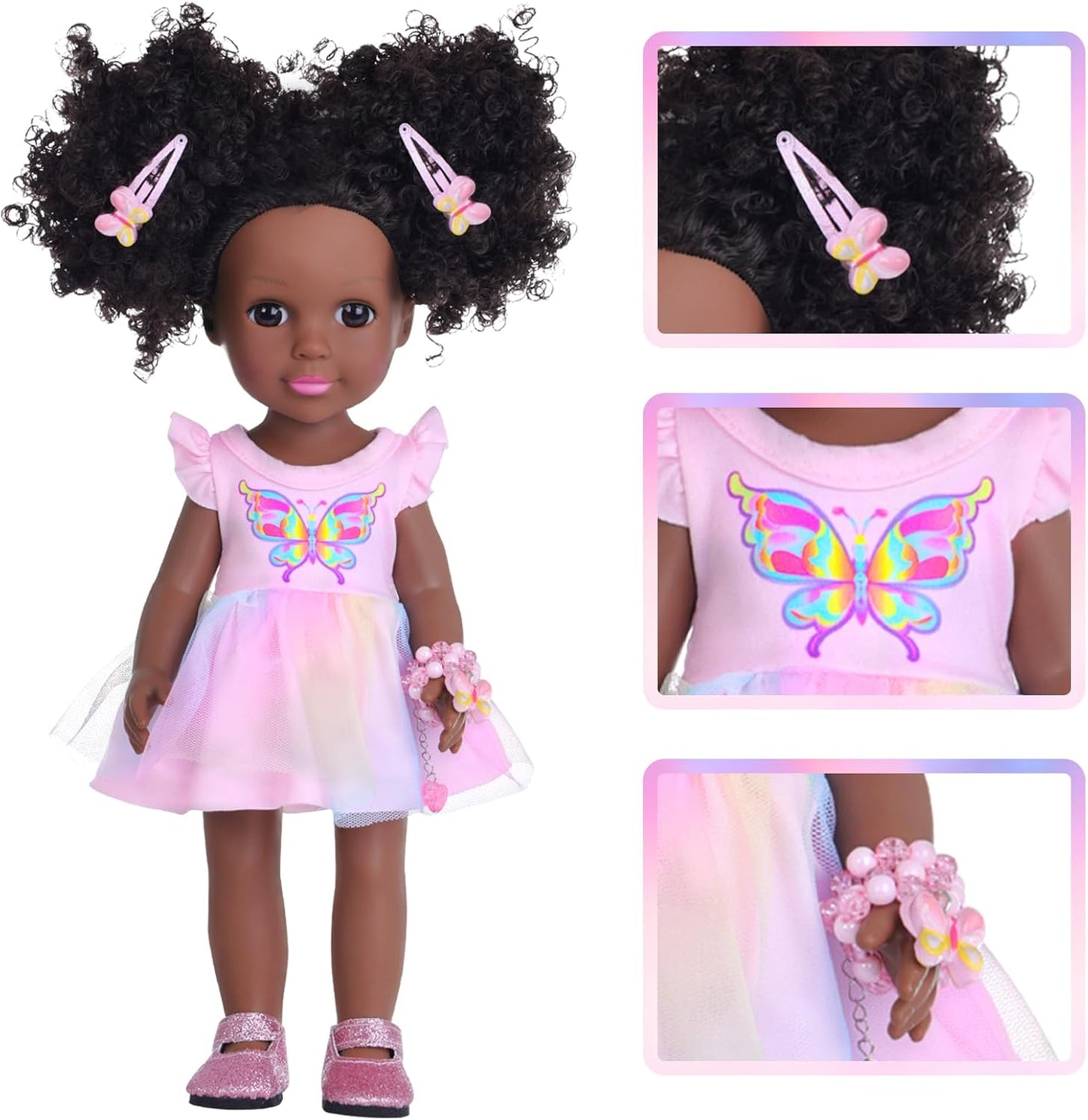 DONTNO 14.5 Inch Black Doll and Baby Doll Clothes and Accessories,Including Phone Sunglasses Shoes Makeup Accessories and Butterfly Theme Dress Best Gift for Girls Kids