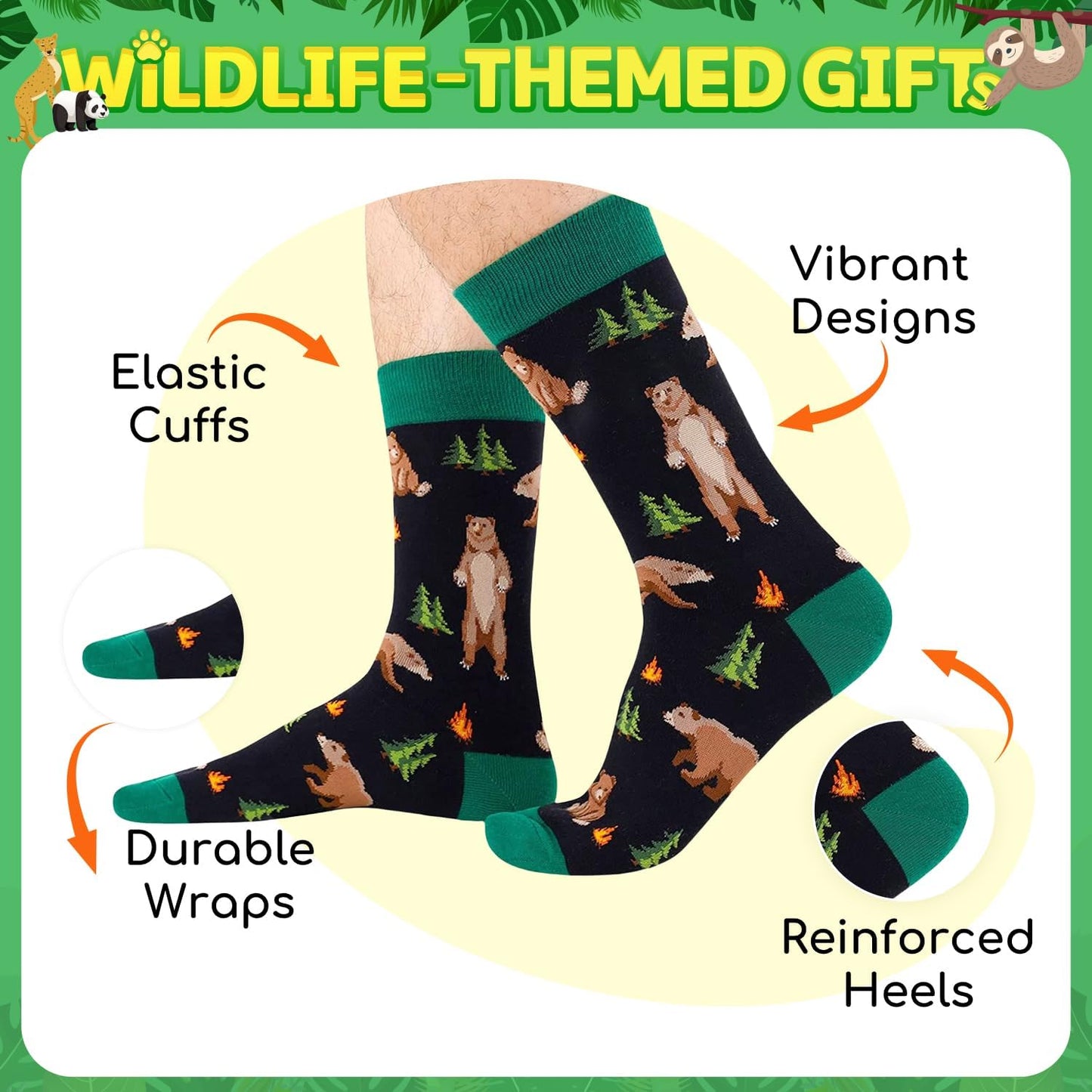 HAPPYPOP Funny Socks for Men - Bear Shark Sloth Lover Gifts for Teen Boys, Cow Wolf Socks
