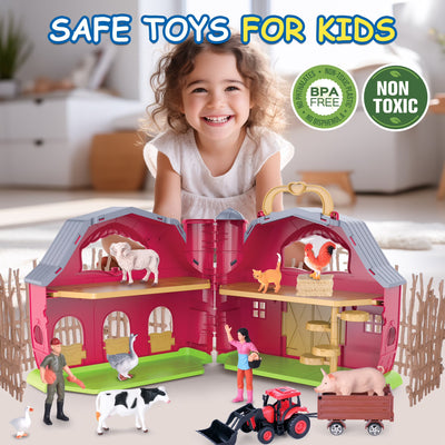 QIAHO Farm Animal Toys Take along Barn Playset for Toddlers with 10 Realistic Animal Figurines, Pretend Play Educational Gift