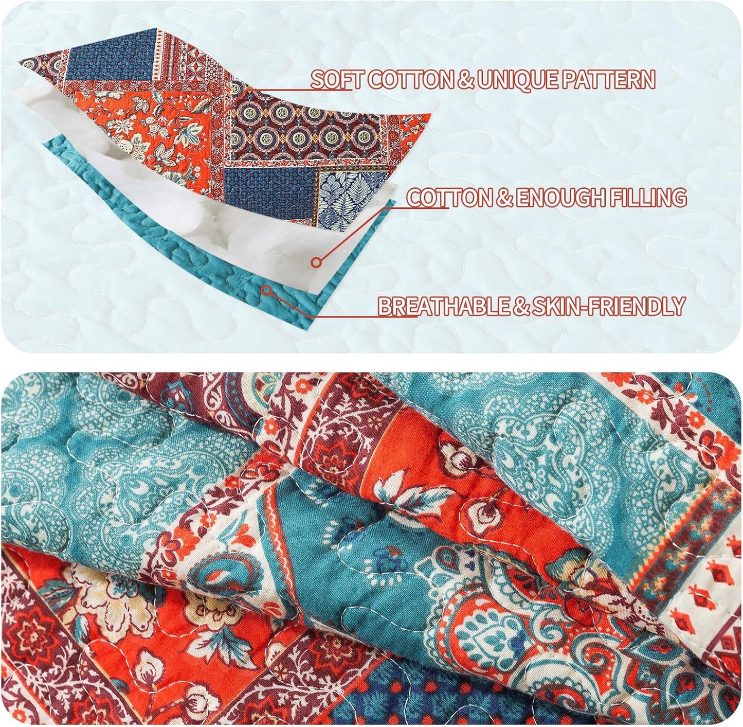 VAPUTAR 100% Cotton Face Quilt King Size Bedding Set - Quilt Bedding Set | Farmhouse King Size Quilts, Lightweight Reversible Coverlets Bedspreads for Bedroom