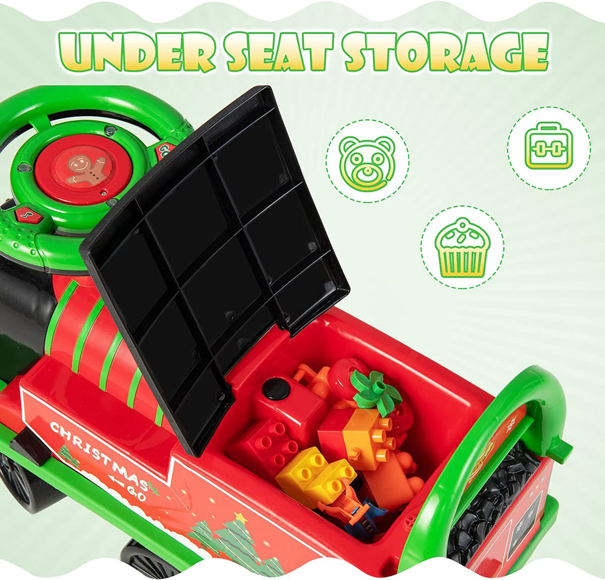 OLAKIDS Kids Ride on Train with Track, 6V Electric Toy with Lights and Sounds, Retractable Footrest, under Seat Storage, Christmas Theme Battery Powered Gift for Toddlers Boys Girls (Christmas Style)