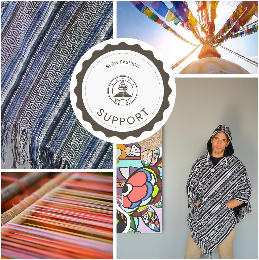 Virblatt - Mens Poncho Hooded | 100% Cotton & Reversible | Mexican Poncho Men Baja Hoodie Winter Pancho Warm Cape Cowboy