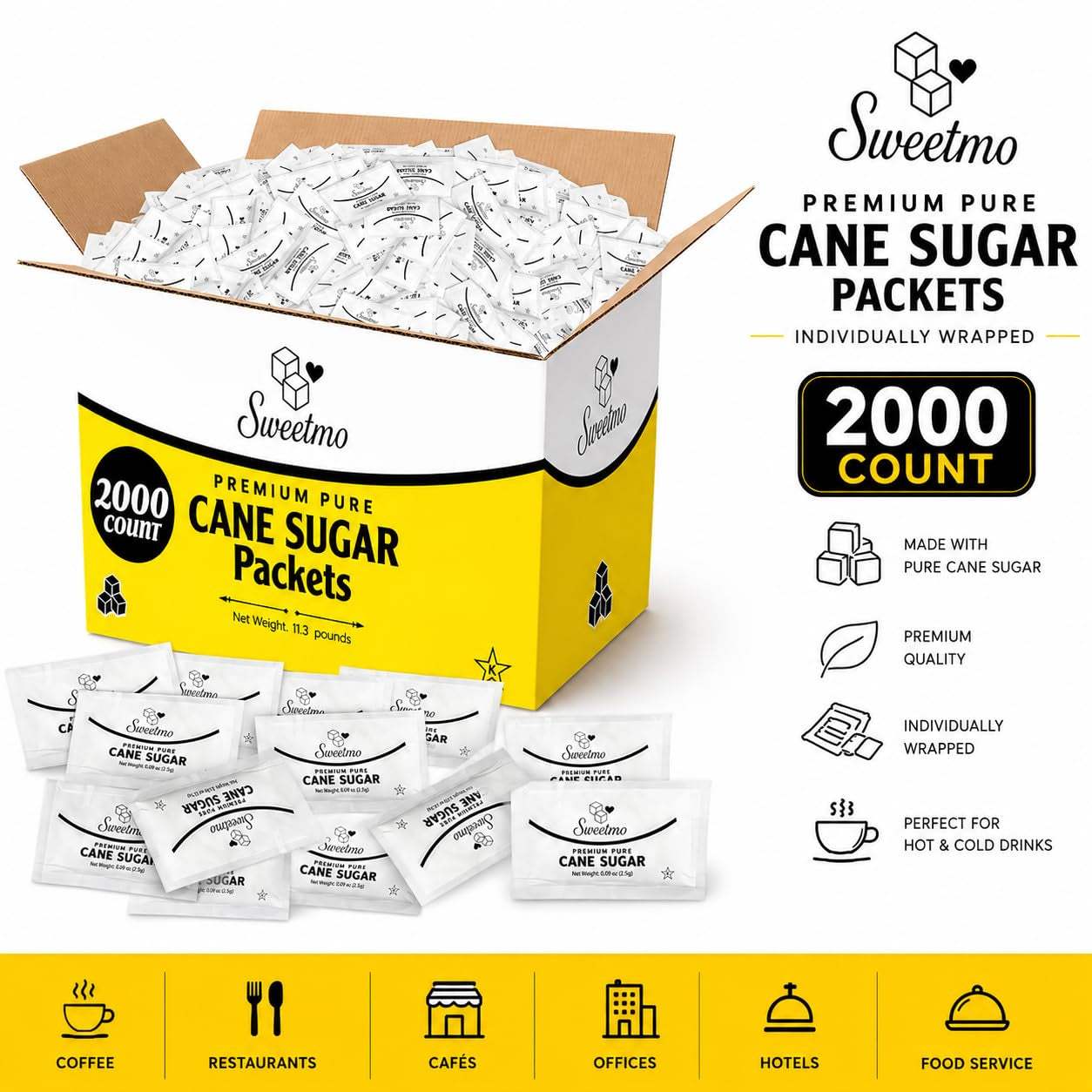 Sweetmo Sugar Packets 2000 Count – Pure Cane White Granulated Sugar Packets, Individual Wrapped, Bulk Packets for Coffee, Restaurants, Office, Cafés & Food Service