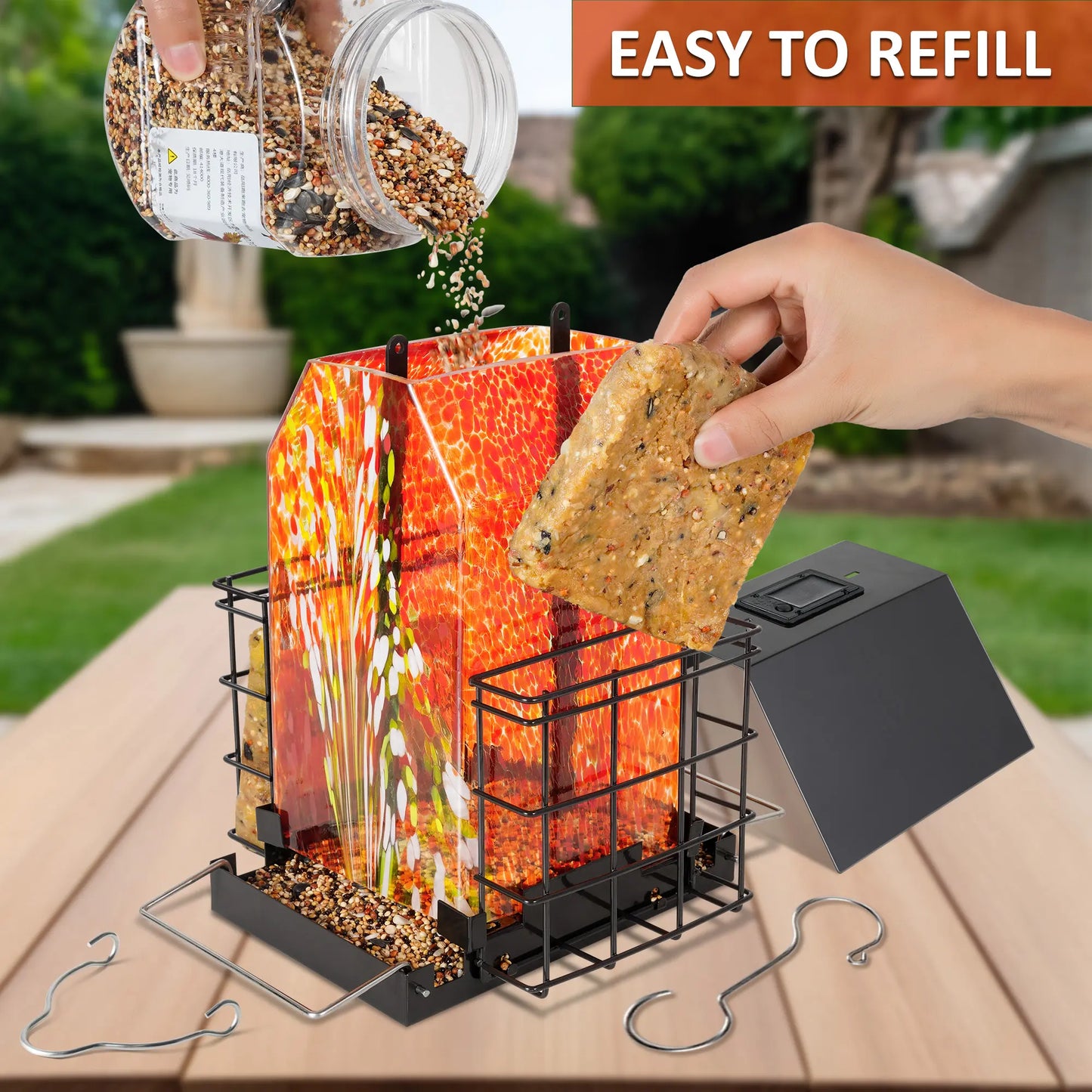 LUJII Solar Bird Feeder for Outdoors – Hand-Blown Glass with 2 Suet Cake Cages, Metal Roof, All-Weather Feeder for Woodpeckers, Cardinals, Blue Jays & Songbirds, Red, Unique Christmas & Holiday Gift for Bird Lovers