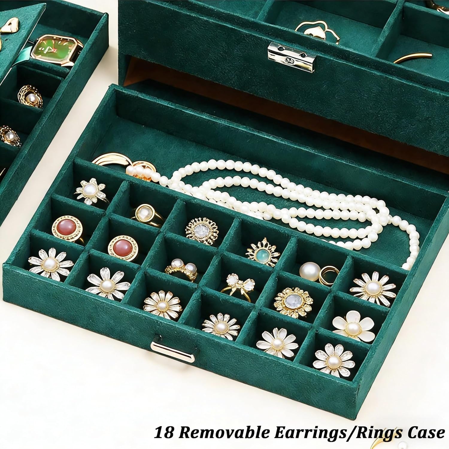 Jewelry Box for Women with Drawer, 3-Layer Large Jewelry Organizer with Lock & Key, 8 Necklace Hooks & 56 Earring Holes, Green Velvet Jewelry Storage Box for Necklaces Earrings Rings Bracelets