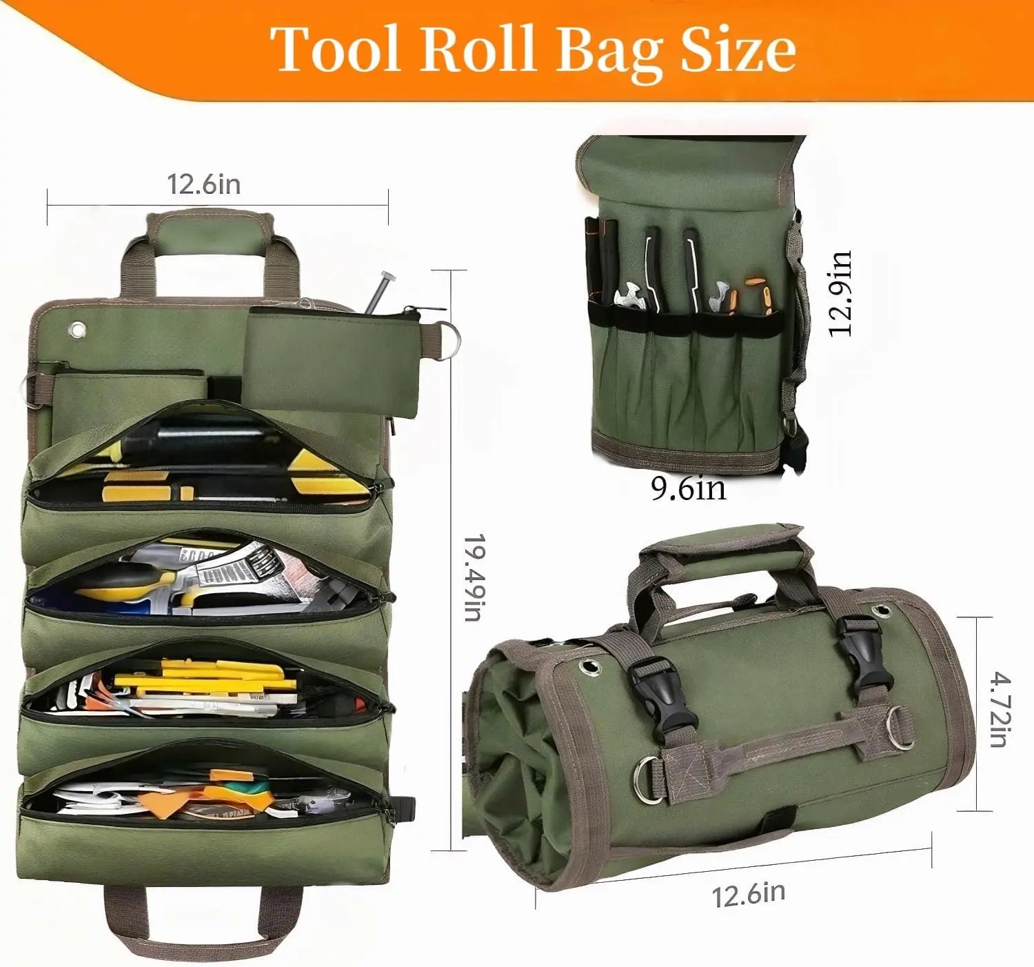 Tool Bag, Tool Bags for Men, Heavy Duty Tool Organizer, Portable Roll up Tool Bag Gifts for Him, Mechanic, Electrician and Hobbyist, Car Tool Roll Organizer -Green