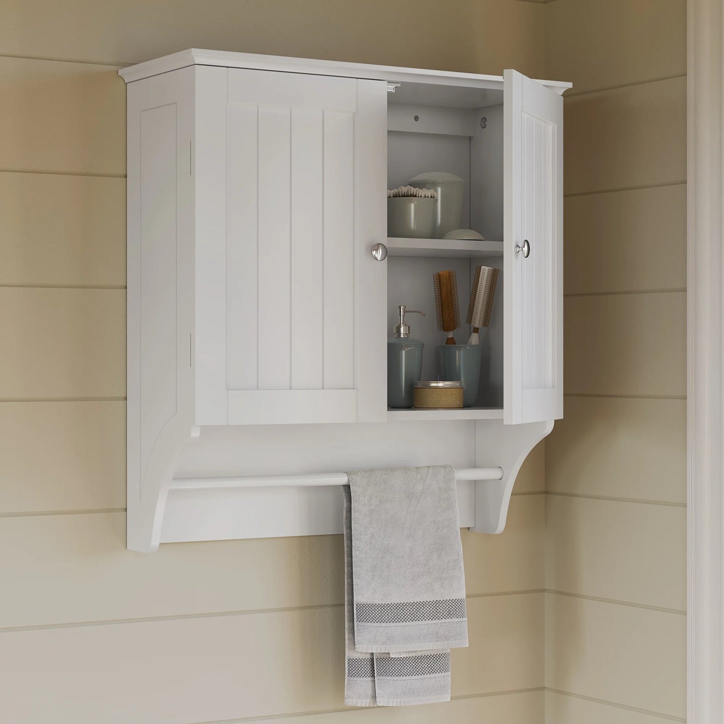 Riverridge Ashland 2-Door Bathroom Medicine Cabinet Wall Storage with Towel Bar - White