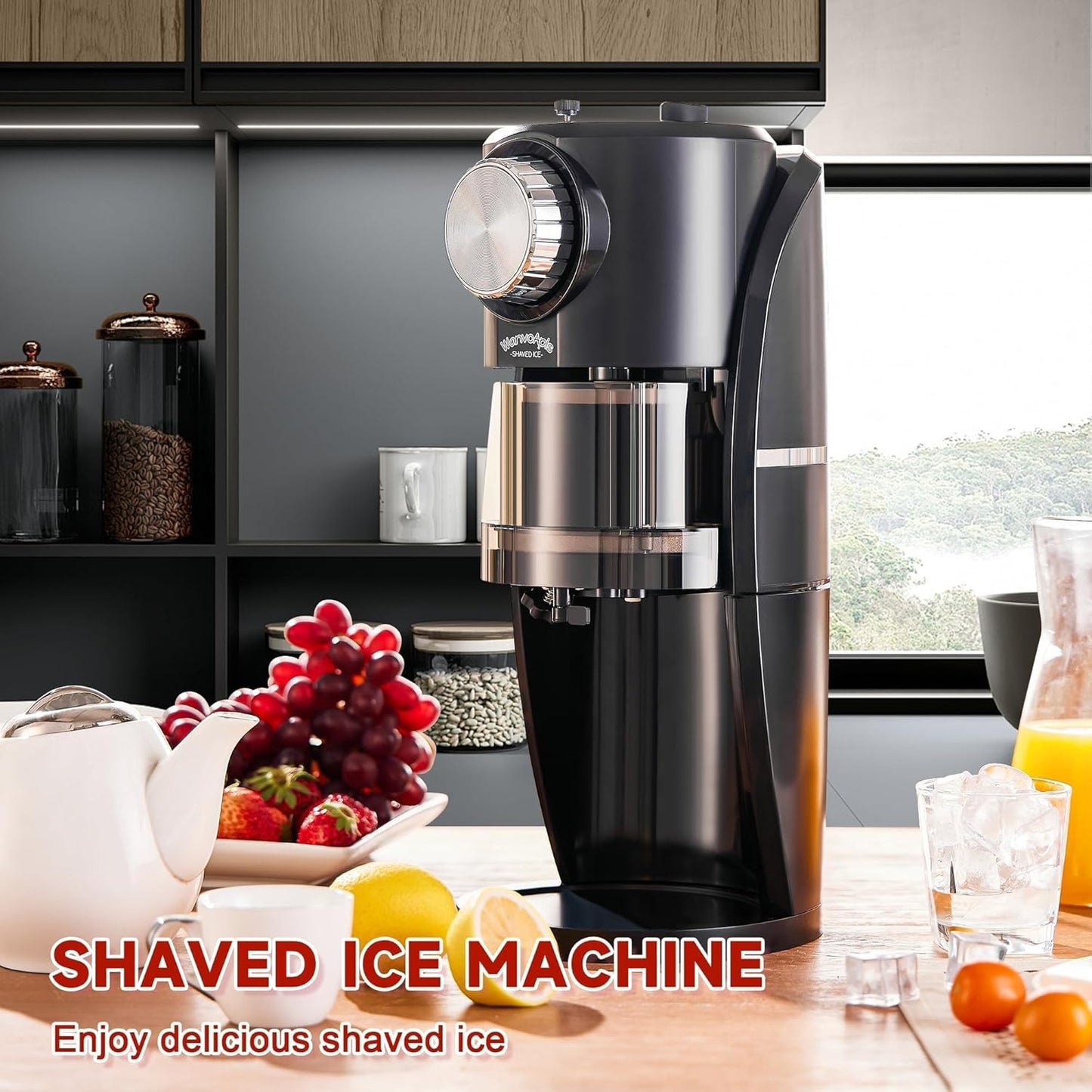 Shaved Ice Machine - Snow Cone Machine Equipped with Stainless Steel Blade Adjustment Knob to Freely Adjust the Thickness of the Snowflakes and 2 Reusable Plastic Ice Mold Cup