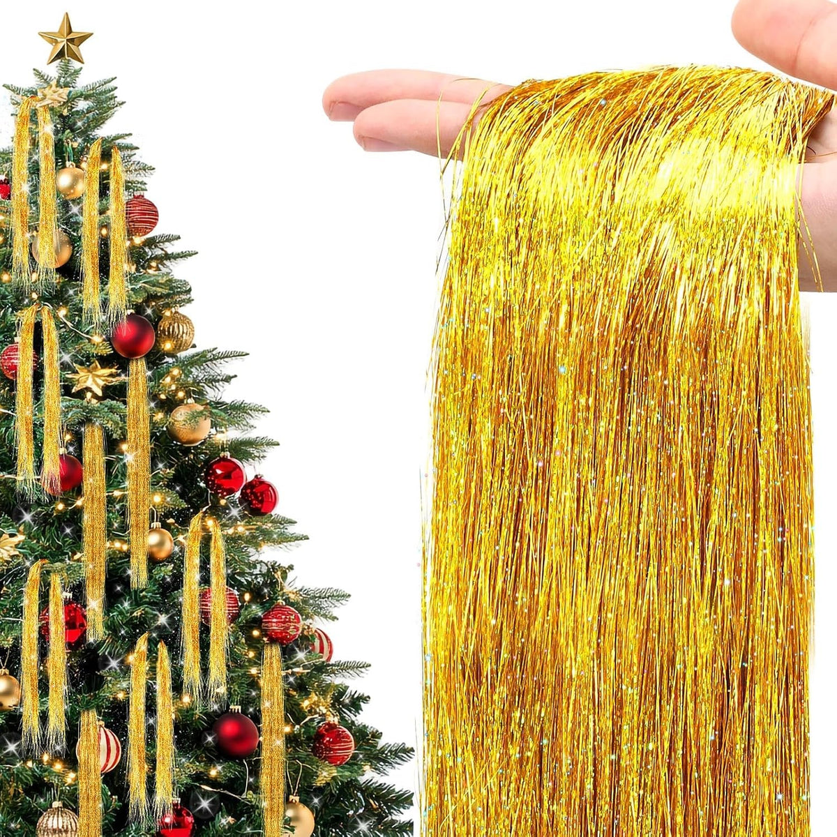 6000 Strands Christmas Tinsel Icicles, Gold Tinsel Foil Fringe Icicles