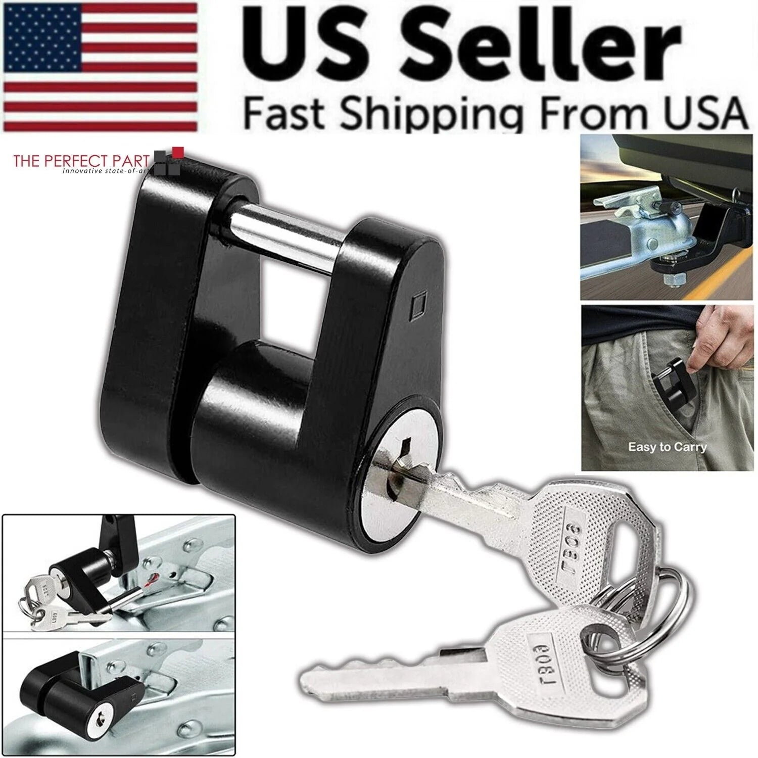 Trailer Hitch Coupler Lock Dia 1/4" Span 3/4" for Tow Boat RV Truck Car + 2 Keys