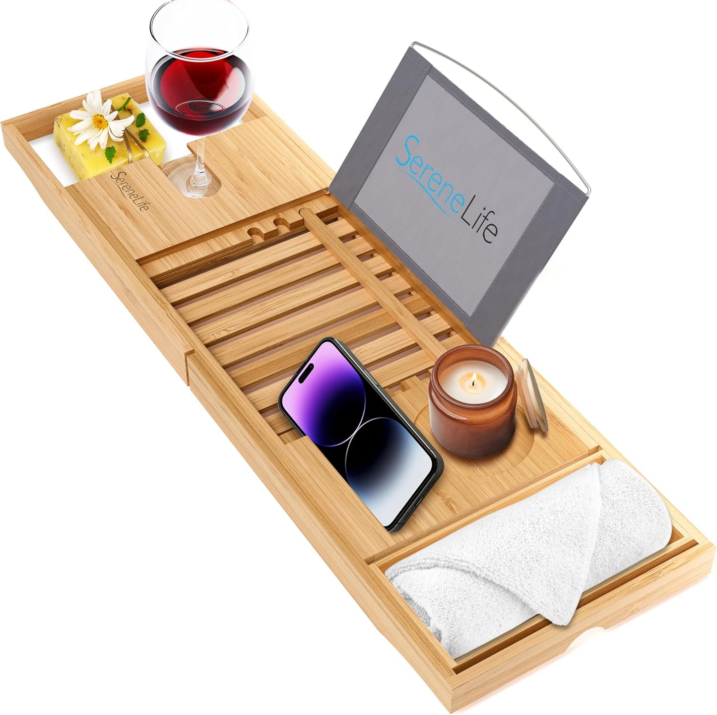 Serenelife Luxury Bamboo Bathtub Caddy Tray - Adjustable Natural Wood Bath Tub Organizer with Wine Holder, Cup Placement, Soap Dish, Book Space & Phone Slot for Spa, Bathroom & Shower - SLBCAD20