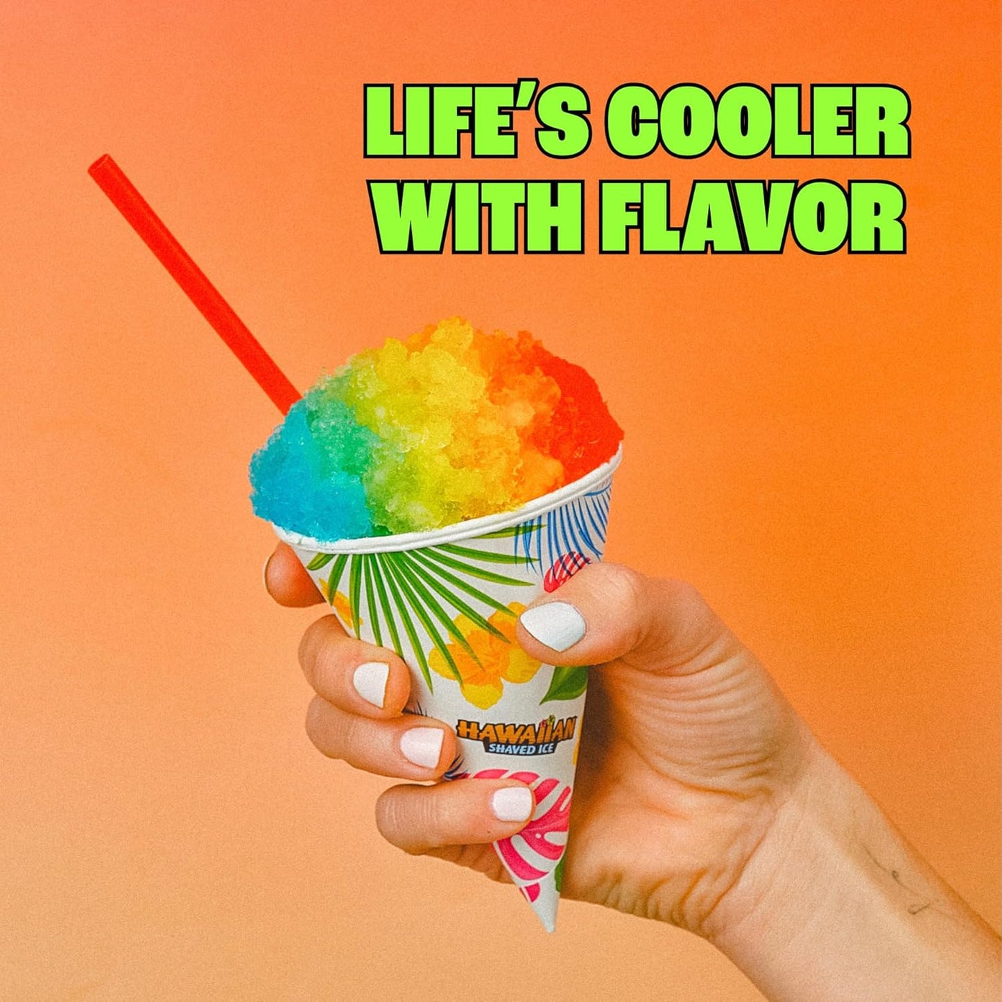 Hawaiian Shaved Ice Party Kit with 20 Syrup Flavors in 16Oz. Bottles, 200 Snow Cone Cups, 200 Spoon Straws, and 20 Pouring Spouts. Great for Birthday Parties. Allergy-Friendly