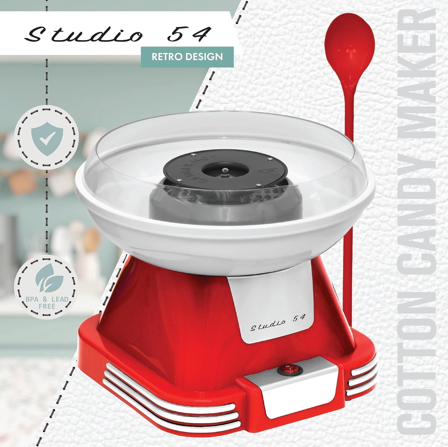 Retro Cotton Candy Machine with Spoon – Cotton Candy Maker for Home, Easy-Use Cotton Candy Machine for Kids, Durable Vintage Design, BPA & Lead-Free, Metallic Red