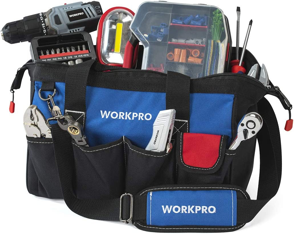 WORKPRO 14-Inch Tool Bag, Multi-Pocket Tool Organizer with Adjustable Shoulder Strap