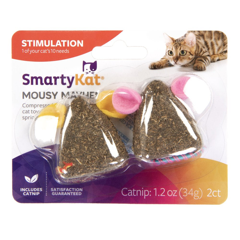 Smartykat Mousy Mayhem 2-Piece Compressed Catnip Mice Cat Toys, Pink & Orange