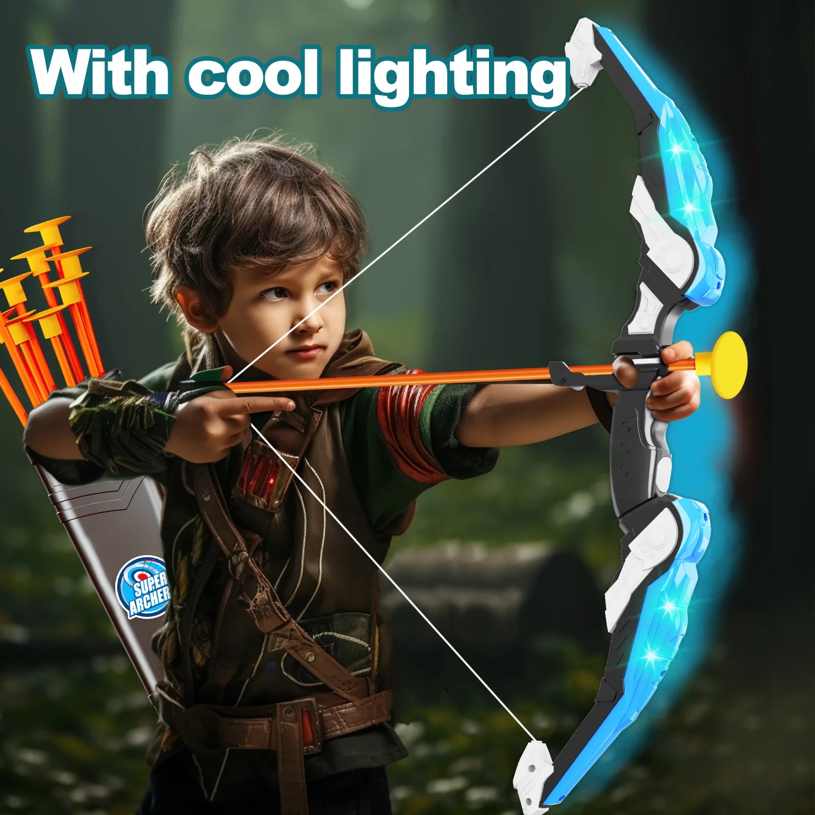 LED Bow and Arrow for Kids Light up Archery Toy Set with 10 Suction Cup Arrows 3 Target & Quiver Indoor Outdoor Garden Toys for Boys and Girls Blue