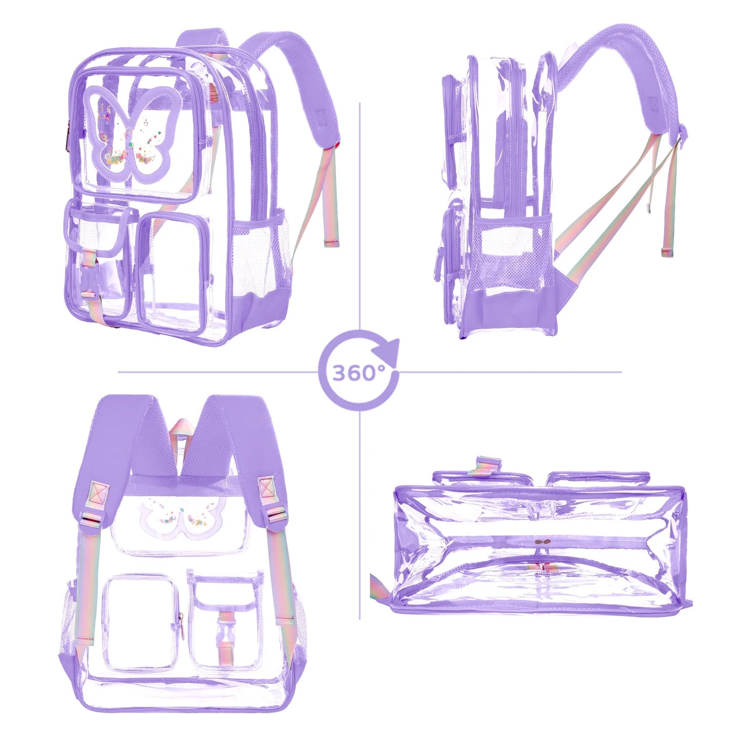 SANMADROLA Clear Backpack Heavy Duty Transparent Bookbag Teen Girlish Cute Bag Large Capacity See through Backpacks Stadium Approved Daypack for Middle School College Sport/Travel, Purple Butterfly
