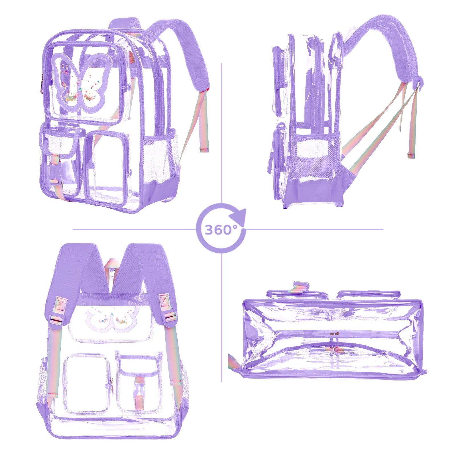 SANMADROLA Clear Backpack Heavy Duty Transparent Bookbag Teen Girlish Cute Bag Large Capacity See through Backpacks Stadium Approved Daypack for Middle School College Sport/Travel, Purple Butterfly