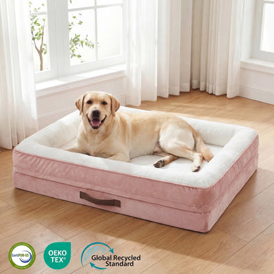 Extra Large Orthopedic Dog Bed Waterproof Pet Sofa Bed Four-Sided Bolster Cushion with Removable Washable Cover for Big Dogs Pink