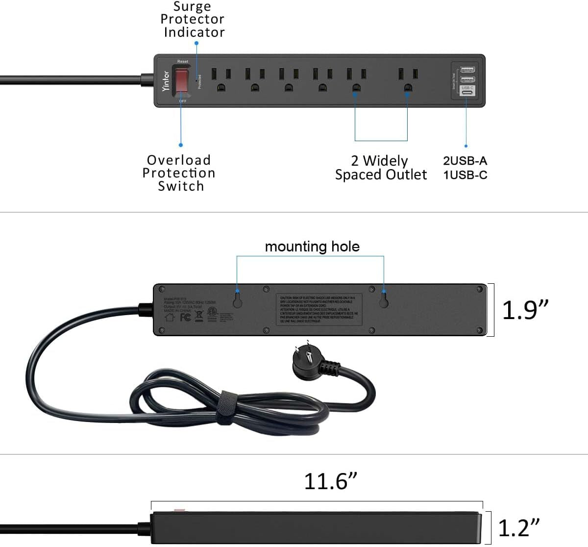 Yintar 6Ft Surge Protector Power Strip with 6 Outlets & 3 USB Ports, Black