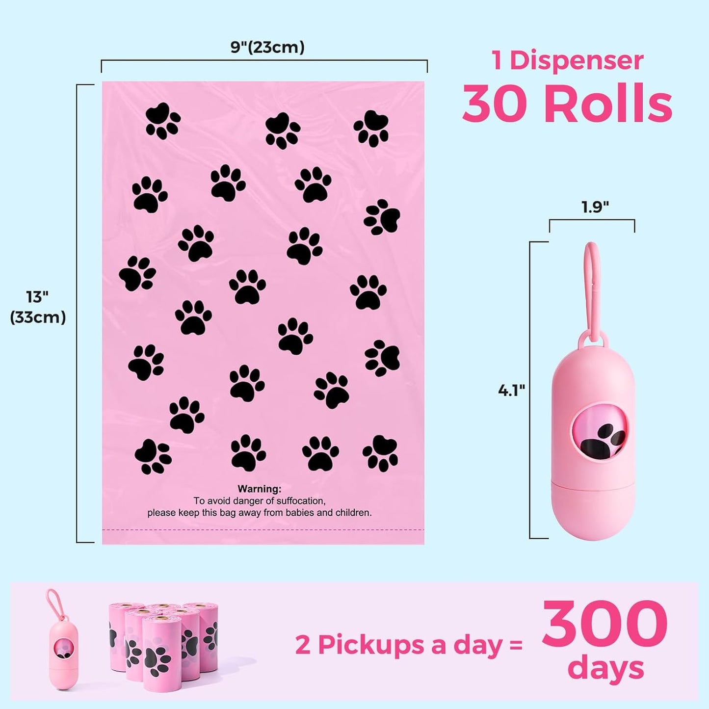 Dyforce 600 Count Dog Poop Bags Rolls with Dispenser Pink | Scented Leak Proof Pet Waste Poop Bags for Dogs 13X9", Extra Thick and Large Doggy Cat Litter Bags for Poops with Holder