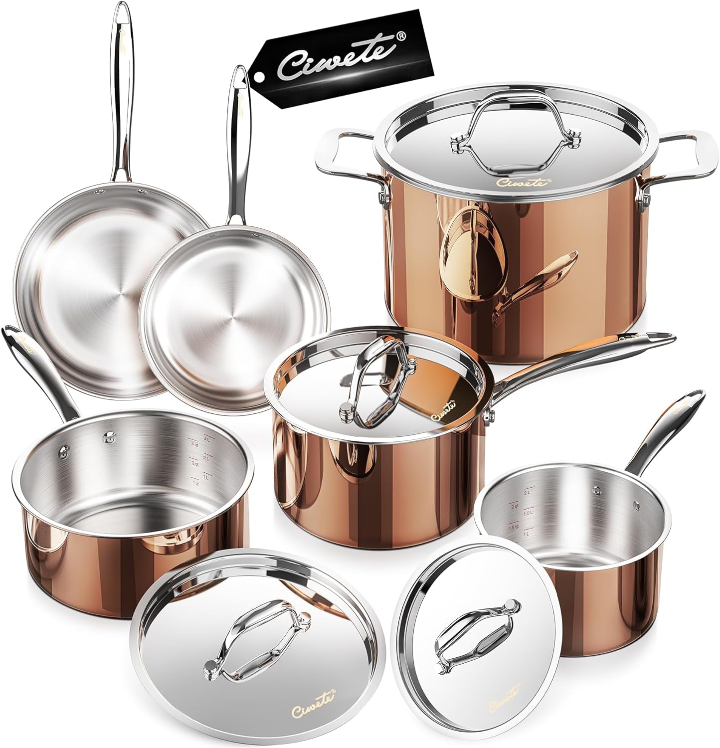 Ciwete Whole Tri-Ply 18/10 Stainless Steel Cookware Set, 10 Pcs Elegant Copper Pots and Pans Set, Induction Cookware, Frying Pans, Saucepans & Stock Pot with Lid, Ideal Gift for Wedding, Housewarming