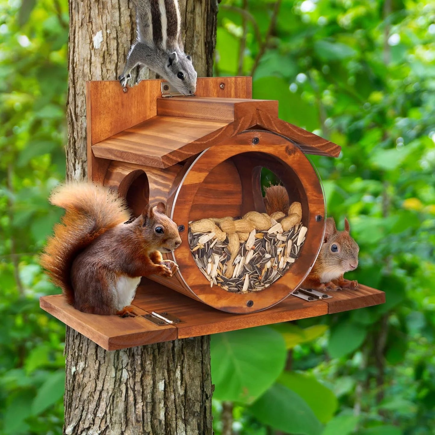VASGOR Wood Squirrel Feeder, Squirrel Feeders for outside Winter, Wooden Chipmunk Feeder for Corn, Peanuts, Durable Box Easy to Fill with the Roof Can Be Opened
