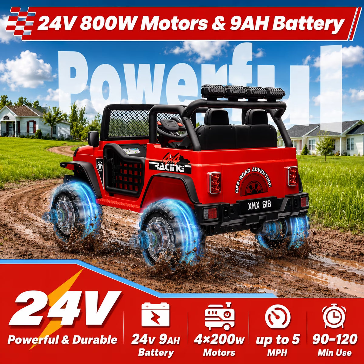 Joyracer 24V 2 Seater Kids Ride on Truck with Remote Control, 4×200W Motor, Electric Battery Powered Toys Car W/ 4 Wheels Spring Suspension, 3 Speeds, LED Lights, Bluetooth Music, Red