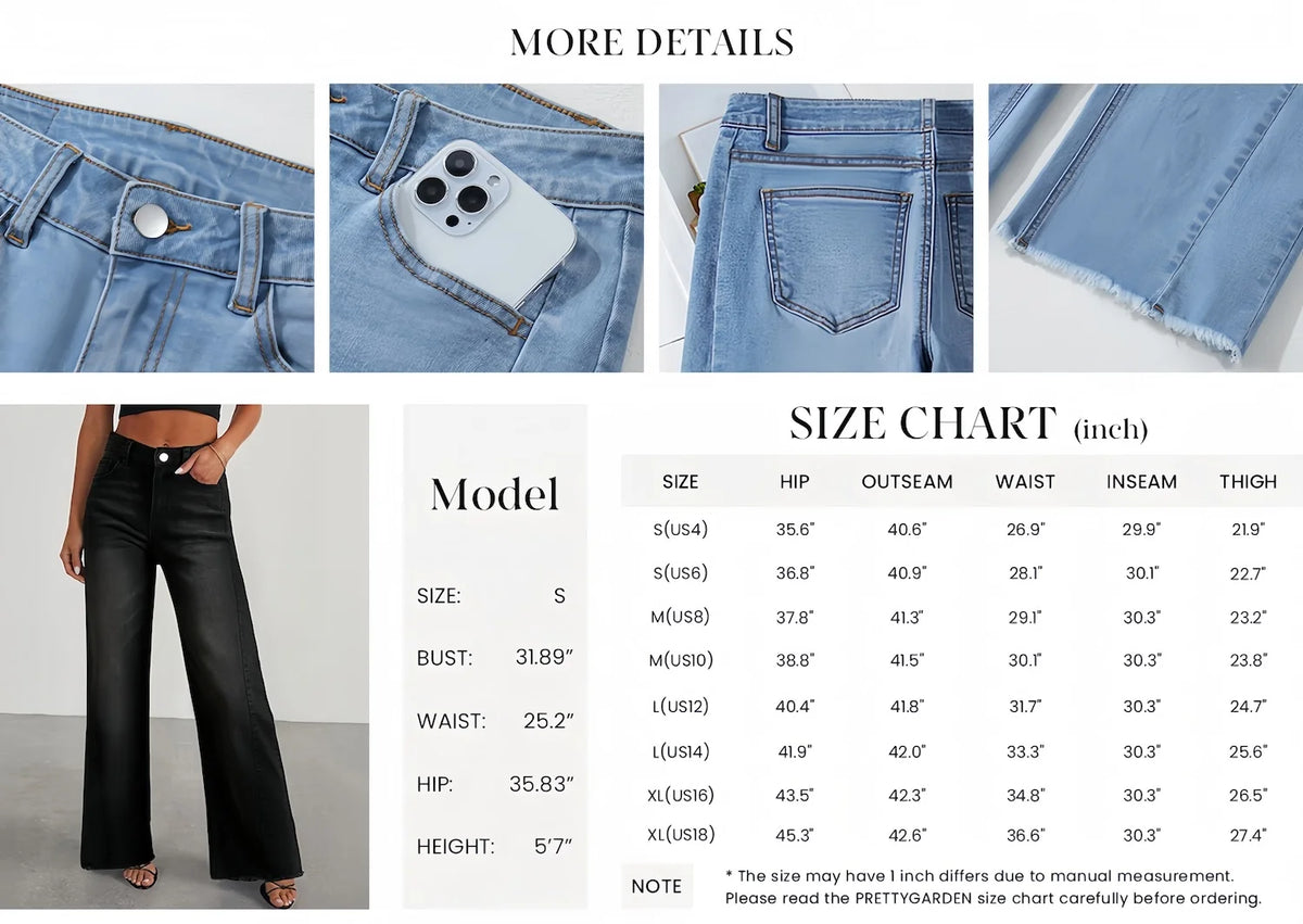 PRETTYGARDEN Wide Leg Jeans for Women Trendy High Waisted Stretchy Baggy Raw Hem Denim Palazzo Pants with Pockets