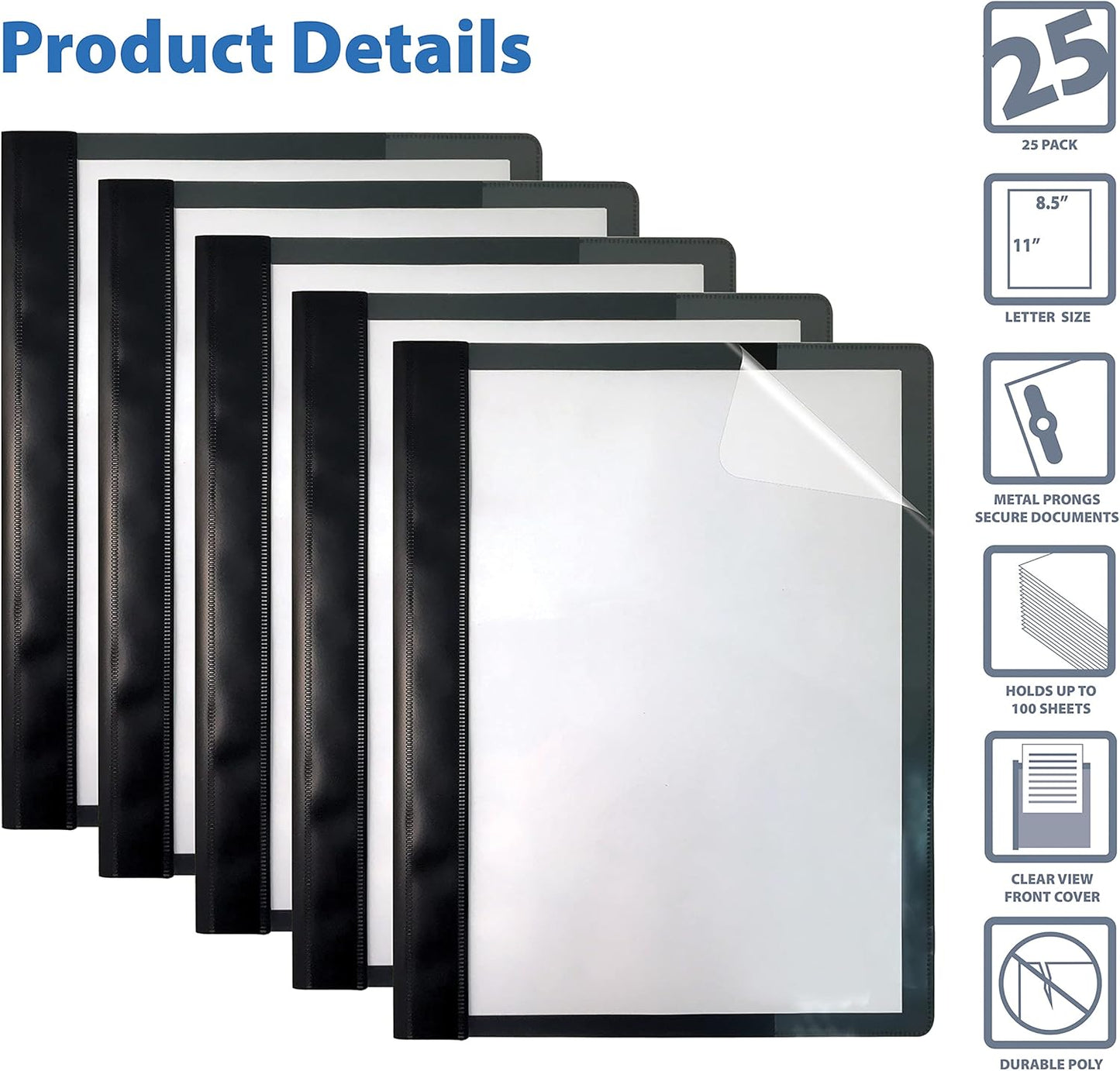 Better Office Products Ultra Durable Clear Front Report Covers, 25 per Box, Letter Size, Black, Poly Back Cover, with Fasteners, Lay Flat, Box of 25