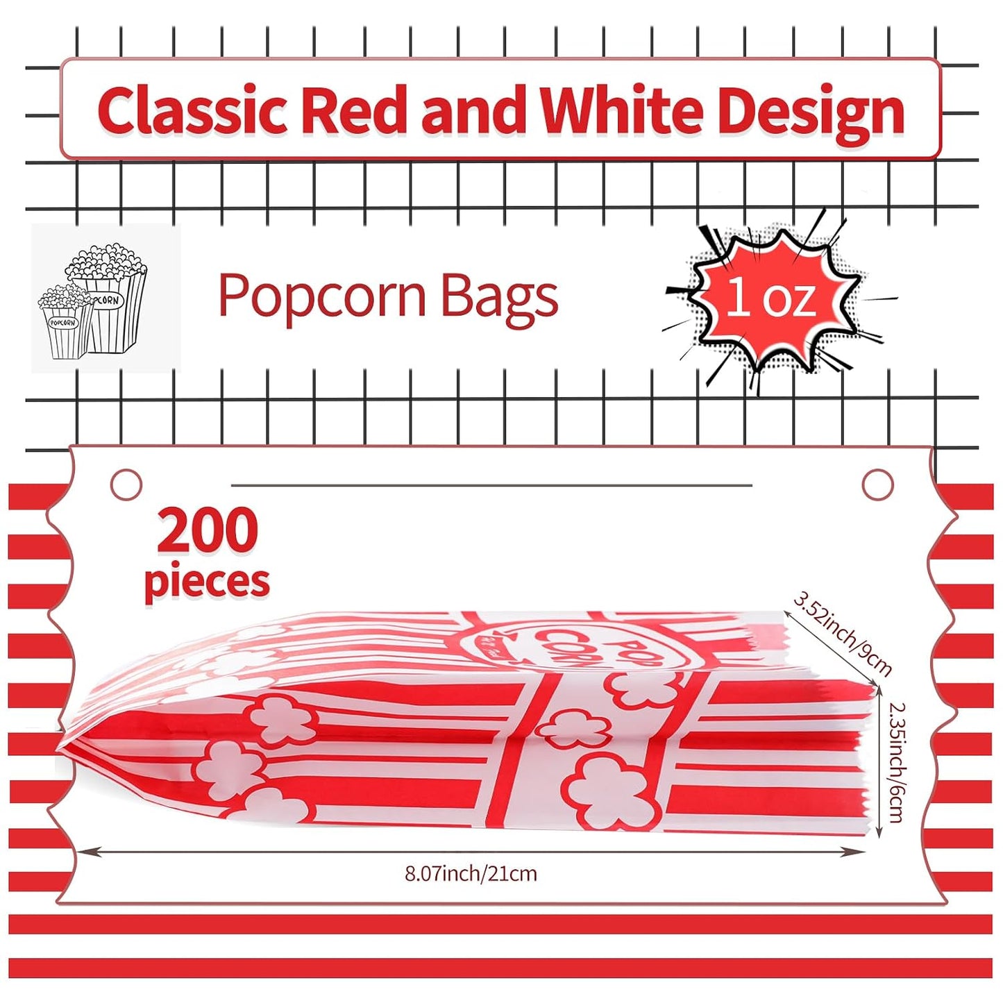 VOISEN Paper Popcorn Bags,200 Pack 1Oz Popcorn Bags Individual Servings, Popcorn Bag Bulk for Popcorn Machine,Movie Nights Pop Corn Bags