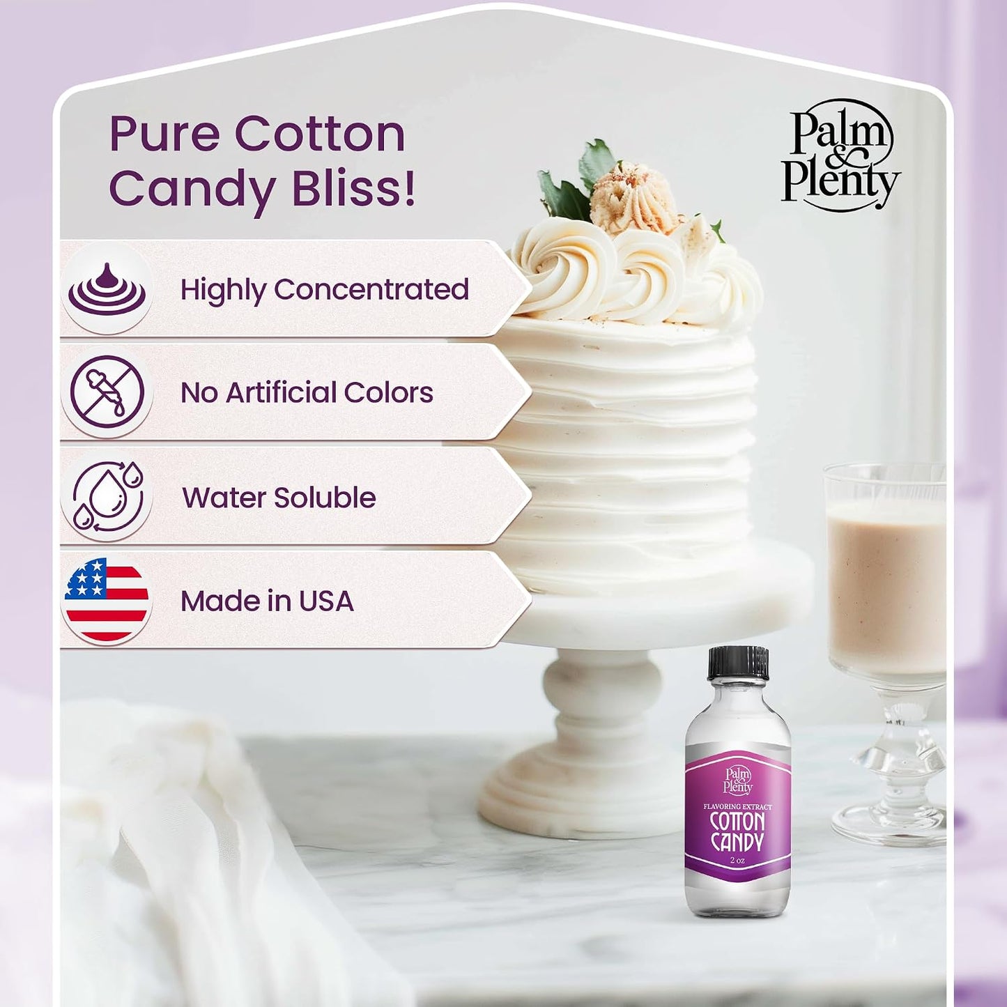 Palm and Plenty Cotton Candy Extract - Flavoring for Candy, Baking, and Drinks - Food-Grade Oil for Baked Goods, Desserts, Frostings, and Fillings, Keto-Friendly - 2 Oz Plastic Dropper Bottle - Made in USA