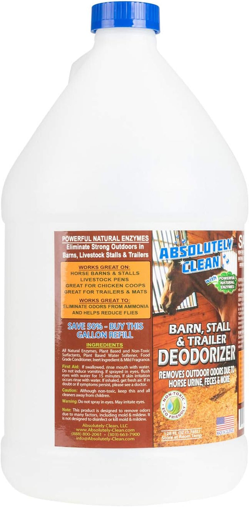 Absolutely Clean Barn, Stall, or Horse Trailer Deodorizer, Natural-Based Cleaning Spray (128Oz)