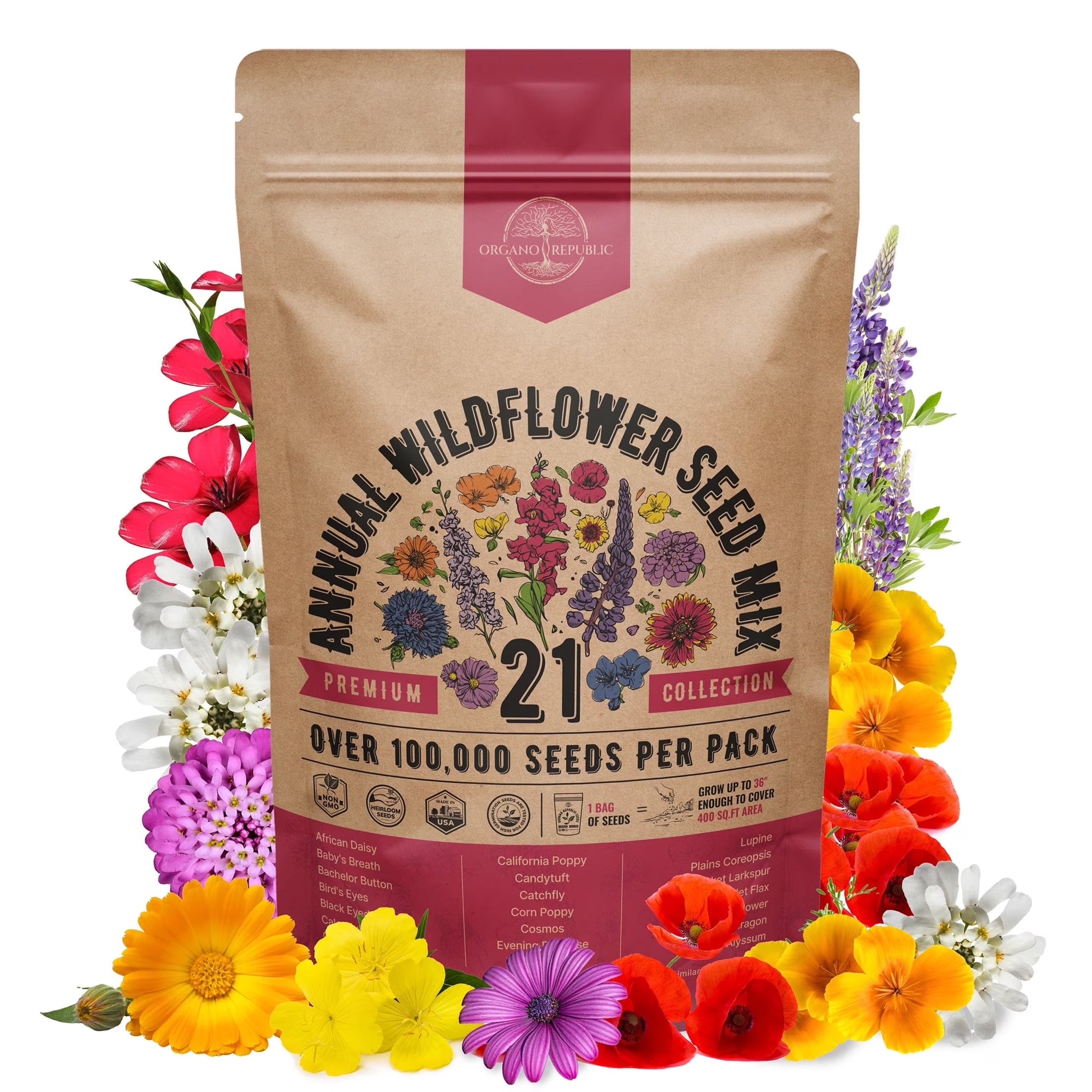 Organo Republic 21 Annual Wildflower Seeds Mix, 100,000+ Non-Gmo Heirloom Wildflower Garden Seeds