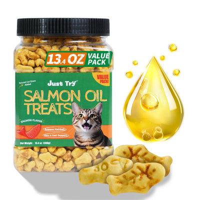 JUST TRY-13.4 0Z Cat Treats Salmon Oil Cat Treats with Cat Grass Natural Salmon Flavor Kitten Healthy Cat Treats Training Biscuits Snacks Fish Oil Omega 3 Supplements for Cats