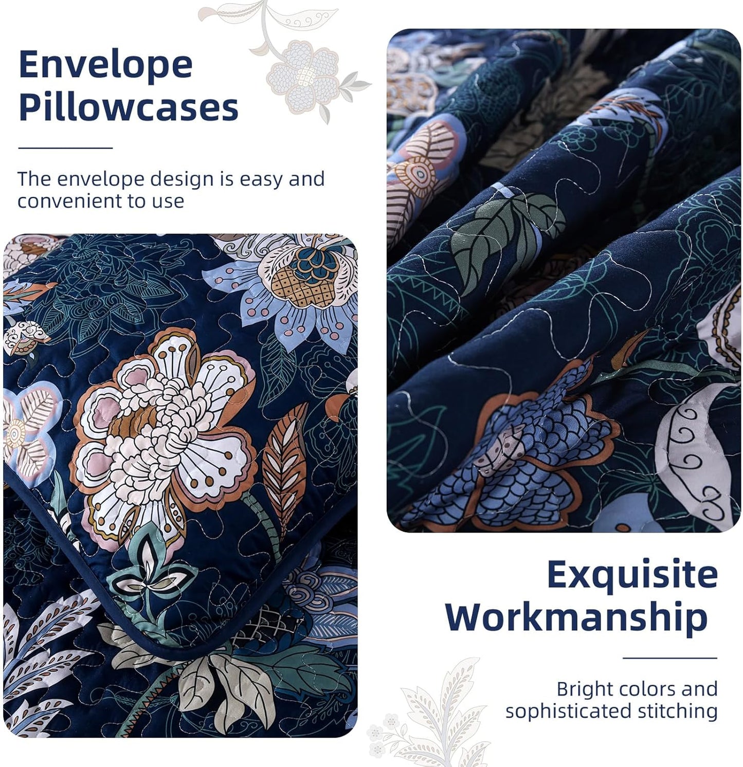 WONGS BEDDING Quilt Set Queen Size, Navy Blue Botanical Queen Bedspread Bedding Sets, 3 Pieces Floral Quilt with 2 Pillowcases,Soft Lightweight Microfiber Coverlet Set for All Season(96"X90")