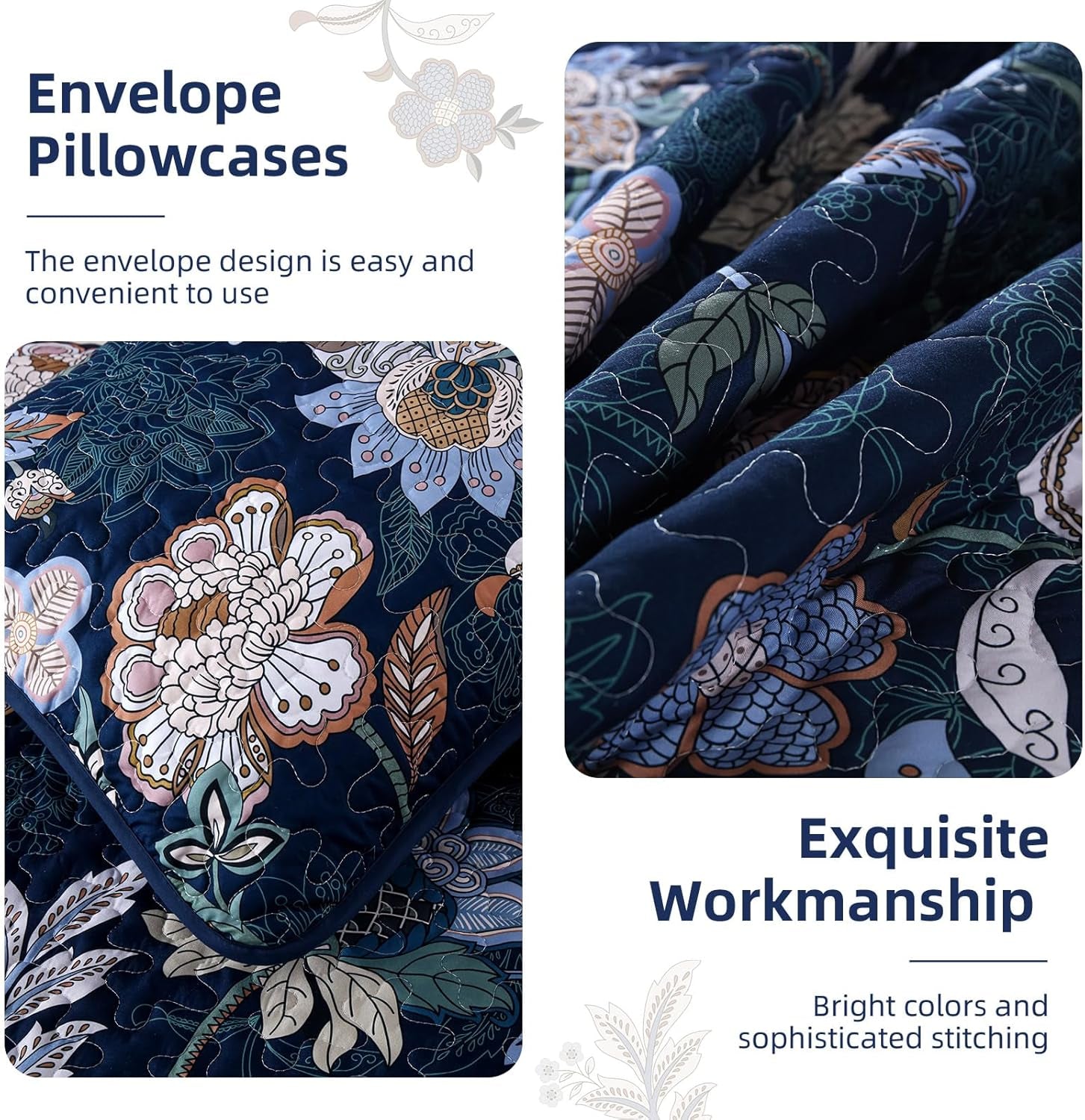 WONGS BEDDING Quilt Set Queen Size, Navy Blue Botanical Queen Bedspread Bedding Sets, 3 Pieces Floral Quilt with 2 Pillowcases,Soft Lightweight Microfiber Coverlet Set for All Season(96"X90")