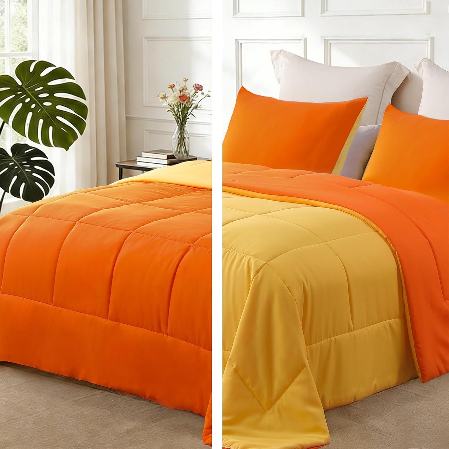 Exclusivo Mezcla Lightweight Reversible Queen Size Comforter Set, down Alternative Comforter with 2 Pillow Sham, Queen Size Bedding Set for All Seasons, Orange/Yellow